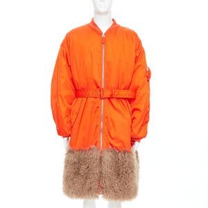 PRADA 2022 Raf Simons Runway orange faux fur hem belted bomber coat M